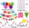 Happy Birthday Banner with Colorful Paper Flag Bunting, Paper Circle Confetti, Garland, Swirl Streamers, and Honeycomb Balls for Birthday Party Decorations